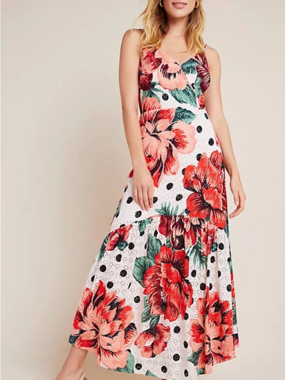 FARM Rio White Maxi Dress with Red Floral & Green Leaves